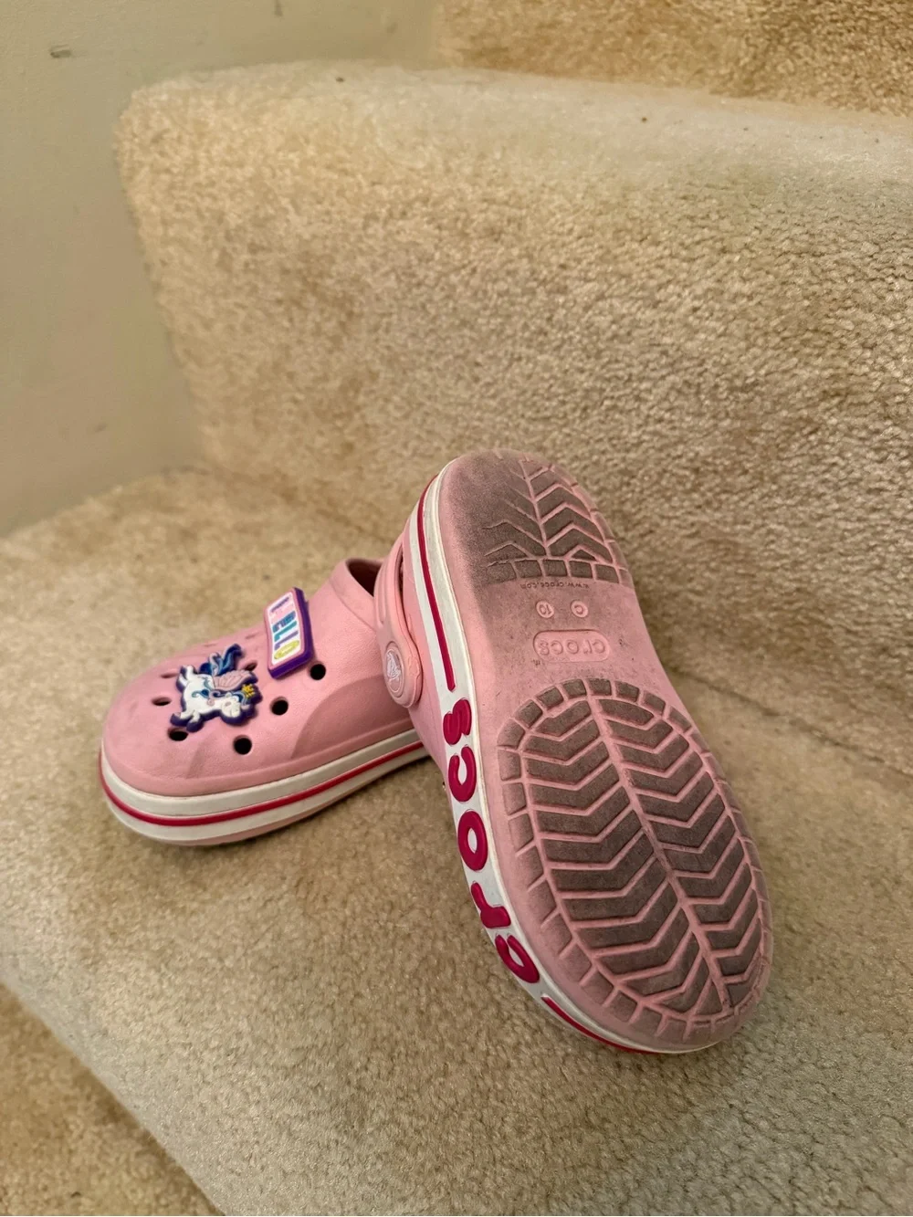CROCS Pink Kids Clog Sandals with Rainbow Unicorn Charms